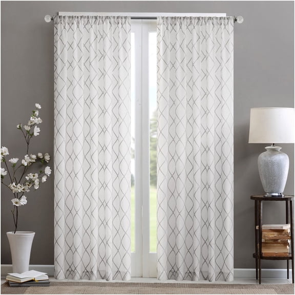 JERFIT Sheer Curtain Panel with Diamond Embroidery, Off White & Gray, 50x84 Inch, Lightweight Polyester Window Curtain for Living Room, 1 Panel