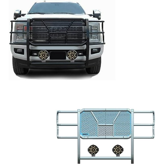 Black Horse RUGGED Heavy Duty Grille Brush Bumper Guard Modular Black Come With pair of 7.0"LED Lights Compatible with 2017-2022 Ford F-250/Ford F-350/Ford F-450/Ford F-550 Super Duty-RU-FOF217-B-PLB