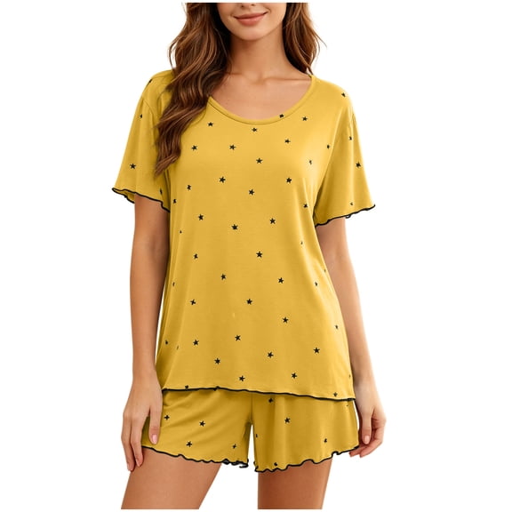 WRKEKC Summer Pajama Set for Women Floral Printed Top with Solid Shorts 2 Piece Sleep Set Loungewear Pajamas Home Wear