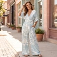 thumbnail image 5 of Women's One Piece Jumpsuits Casual V-Neck Short Sleeve Wide Leg Rompers Summer High Waist Beach Vacation Outfits with Pockets, 5 of 7
