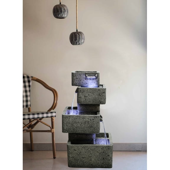 MULTILEVEL CONCRETE CASCADING FOUNTAIN WITH 3 COOL WHITE LED LIGHTS