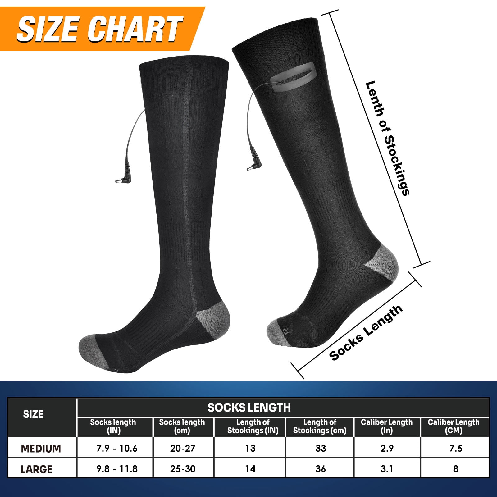 Heated Socks for Men Women, Electric Rechargeable Battery Heating Socks Washable Foot Warmer Thermal Socks Full Foot Heat for Hunting Fishing Camping Hiking Ski with 3 Heating Settings (Black L)