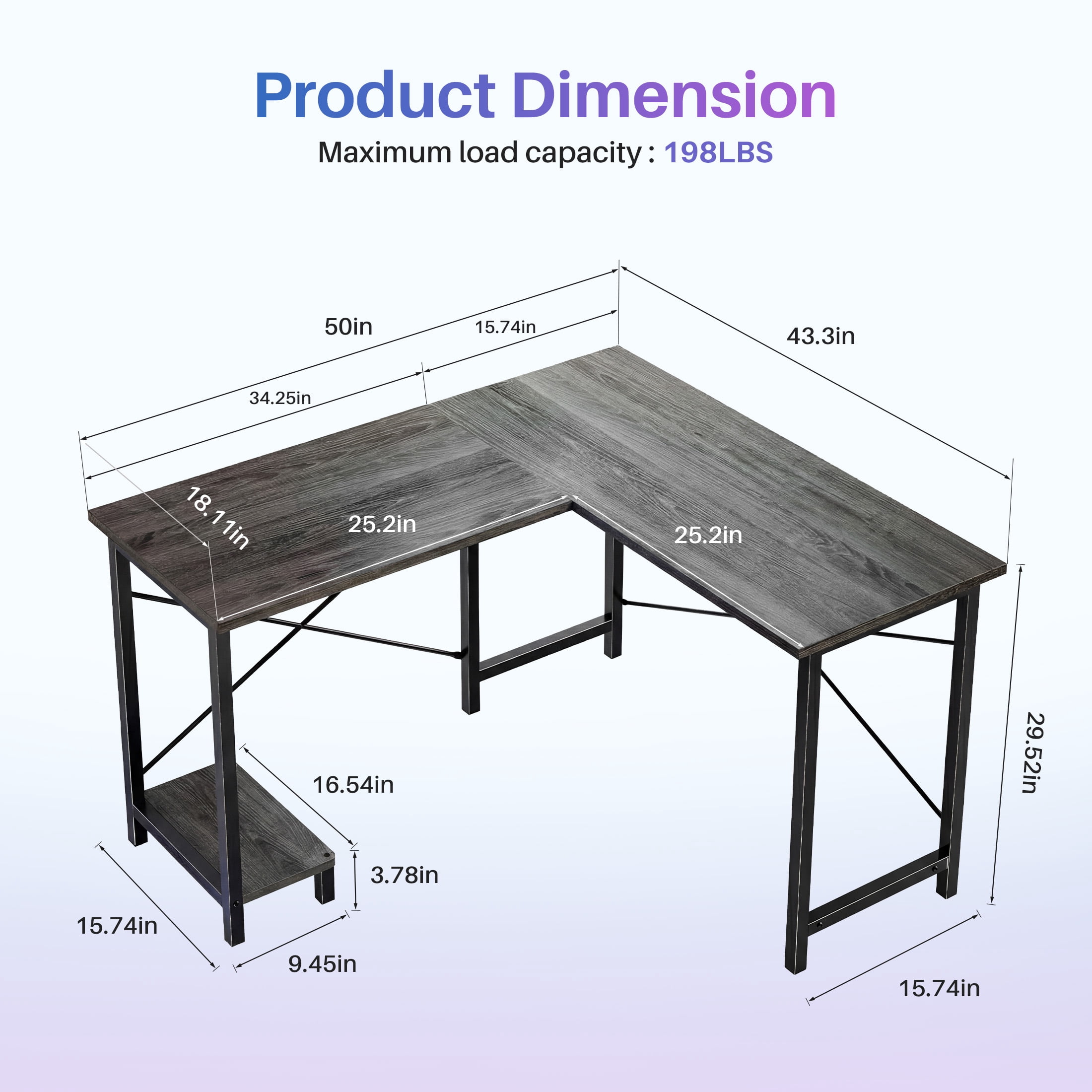 CONCETTA 49” L Shaped Computer Desk with Movable CPU Stand, Corner Desk for Save Space, Home Office, Wood Gray