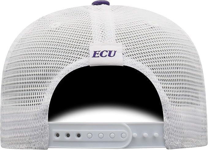 Brand New Collegiate Men's ECU Mesh Adjustable Trucker Hat, 100% Cotton, Embroidered Logos, Official School Colors, Purple