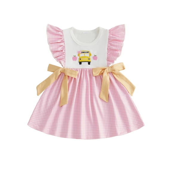 Cjfdfy Toddler Baby Girl Back to School Dress Kindergarten Outfits Baby Girls First Day of School Outfit 2 3 4 5 6 7 Years Apple School Bus Embroidered Bows Flying Sleeve Plaid Summer Fall Dress