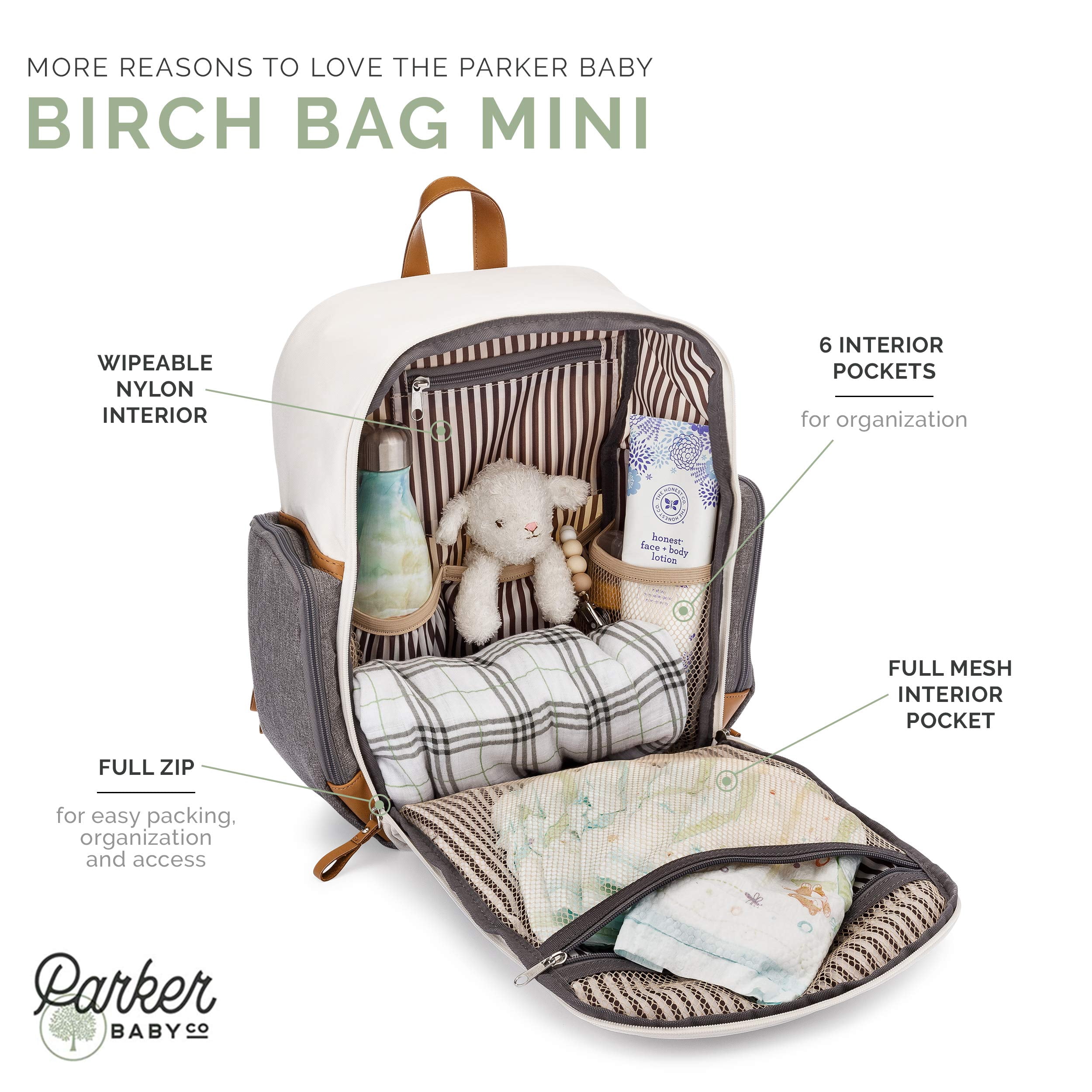 Parker Baby Co. Birch Bag Mini Diaper Backpack, Lightweight Baby Bag with Insulated Bottle Pockets, Compact & Organized - Cream
