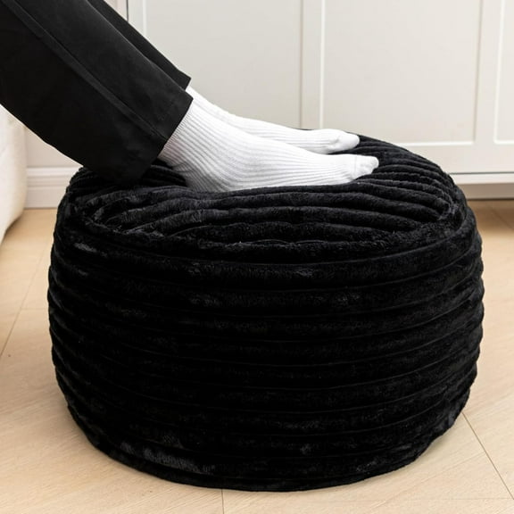 Pouf Ottoman Stuffed Footstool Floor Pouf Foot Rest 20x12 Inches Round Poof Seat Floor Bean Bag Chair Foldable Floor Chair Storage for Living Room Bedroom Black Stripe Pouf with Filler