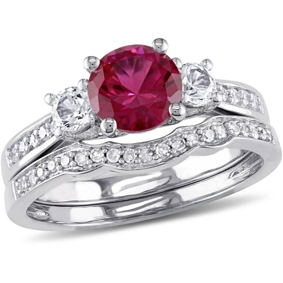Everly Women's Created Sapphire Created Ruby 10k White Gold Bridal Set