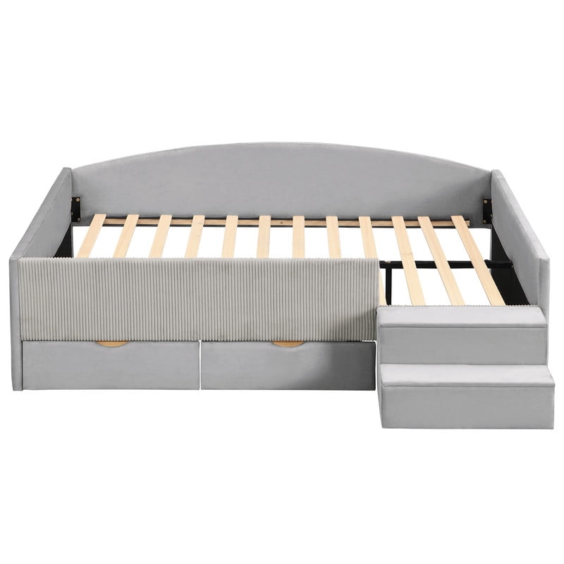Full Size Kids Daybed Frame with Small Stair & 2 Storage Drawers, Velvet+Corduroy Dual Upholstered Accent Platform Bed