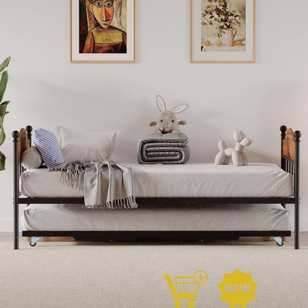 Daybed with Trundle Metal Twin Size Sofa Bed Frame with Pop-Up Trundle Heavy Duty Steel Slats Lockable Casters Stylish Headboard Space-Saving Design for Living Room or Bedroom