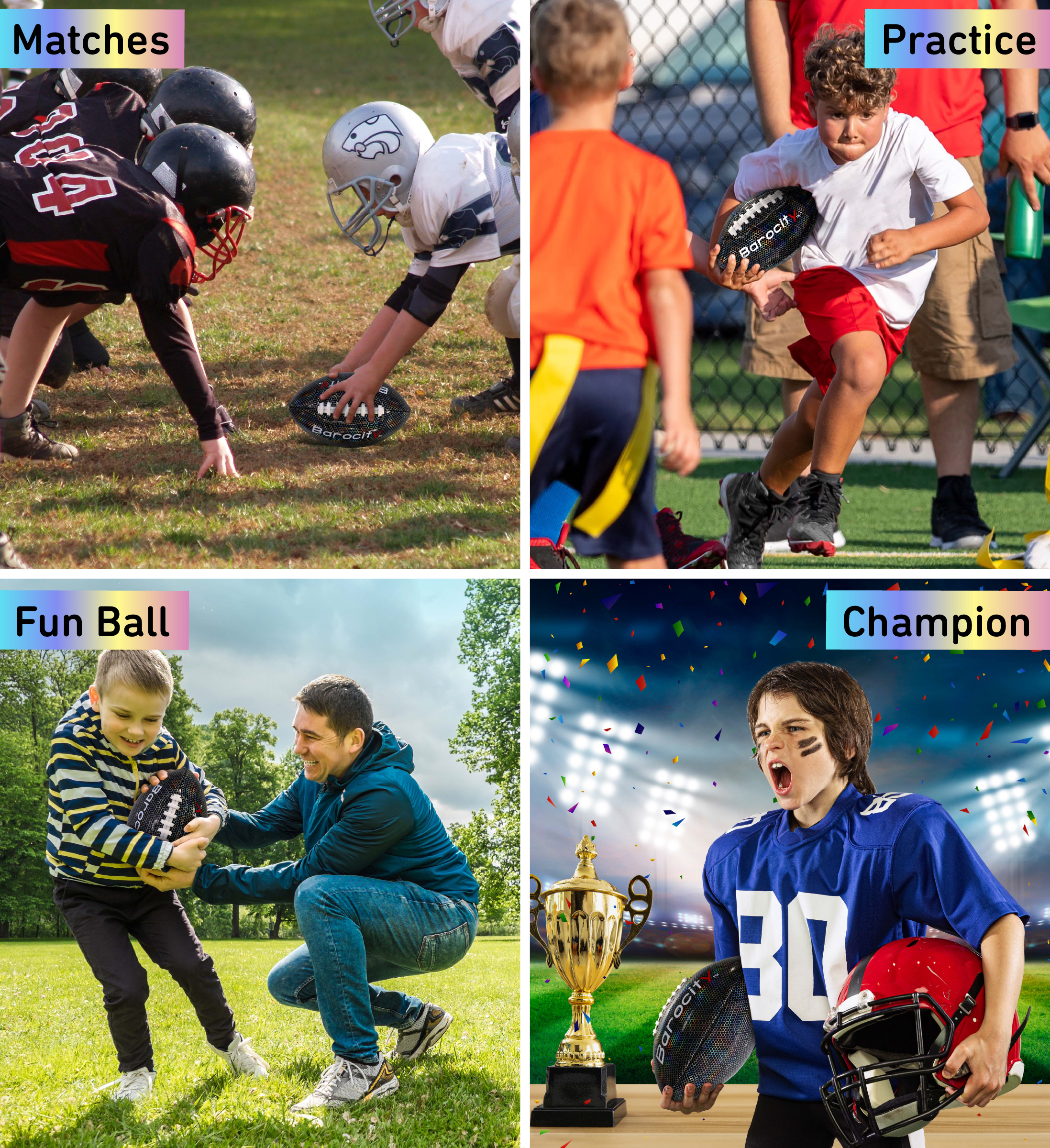 Barocity Footballs for Kids - Reflective Iridescent Rainbow Hex Pattern Boy and Girl Official Match Football for Indoor, Outdoor, Practice - 2 Premium Durable Training Balls Black Size 3 and Size 6