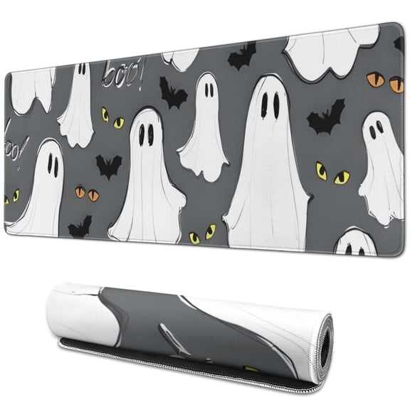 Long Mouse Pads for Desk,Gray Halloween Ghosts Bats and Boo Desk Mats on Top Of Desks, Desk Mouse Pad Extra Large with 3mm Non-Slip Base and Stitched Edge for Gaming,Office,Work,Home 31.5"x11.8"