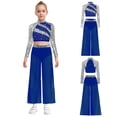 thumbnail image 3 of Aislor Girls 2 Piece Dance Outfits Sparkly Sequin Rhinestone Crop Top with Split Sides Flowy Pants Set Blue 6, 3 of 7