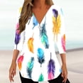 thumbnail image 2 of Penkiiy Chemises Demi-Fermeture Éclair pour Femmes Imprimé Plumes Col en V Tunique Manches 3/4 Roulable Décontracté Tendance 2TG Multicolore, 2 of 5