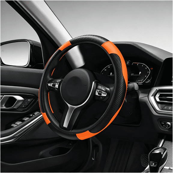 RIONIMA Car Steering Wheel Cover, 15 Inch Carbon Fiber Leather Stitching Color Steering Wheel Protector, Anti-Slip Elastic Breathable Steering Wheel Cover Stylish Decor for Most Cars (Orange)