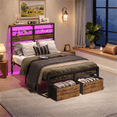 thumbnail image 6 of Pinmoco LED Full Bed Frame with 49.2" High Storage Headboard and 2 Drawers, Adjustable Base Height Metal Platform Bed with Charging Station, Rustic, 6 of 10