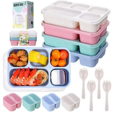 Qweryboo 4 Pack Wheat Straw Bento Box, 5-Compartment Lunch Containers with Dressing Pots & Spoon, Microwave & Dishwasher Safe, Eco-Friendly Food Storage for Adults