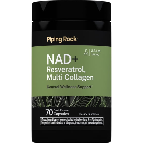 NAD Resveratrol Supplement | Plus Collagen | 70 Capsules | by Piping Rock