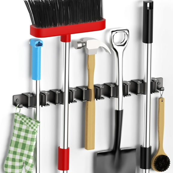 ZIVACATE 5 Racks and 2 Hooks Mop and Broom Holder Wall Mount, Broom Organizer Storage Tool Racks Stainless Steel Heavy Duty Hooks Self Adhesive Solid Non-slip for Home Kitchen Garden Laundry,Grey