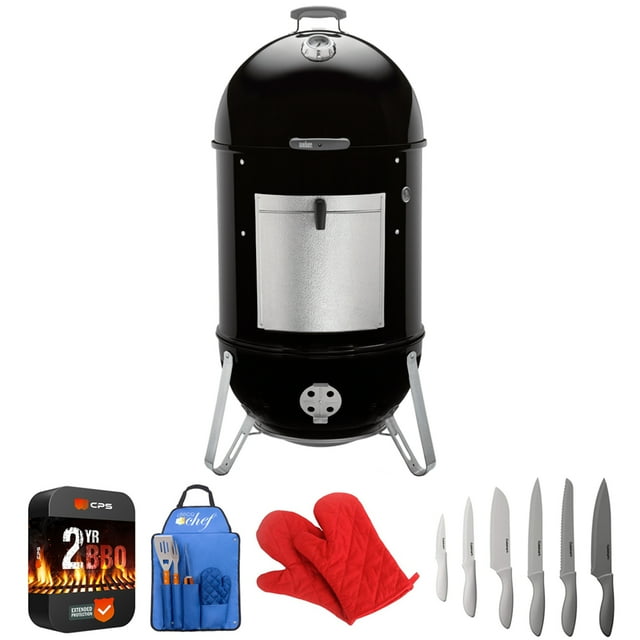 Weber 731001 Smokey Mountain Cooker Smoker 22" Bundle with 2 YR CPS Enhanced Protection Pack, Deco Essentials 3pc BBQ Tool Set, Pair of Red Oven Mitt and Cuisinart 12pc Knife Set