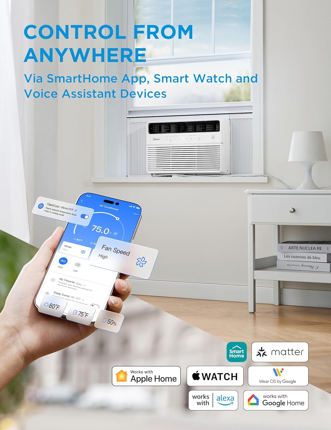 Midea 8,000 BTU Window Air Conditioner, Smart Inverter, Cools Up To 350 Sq Ft, Remote, Wi-Fi and Alexa, White