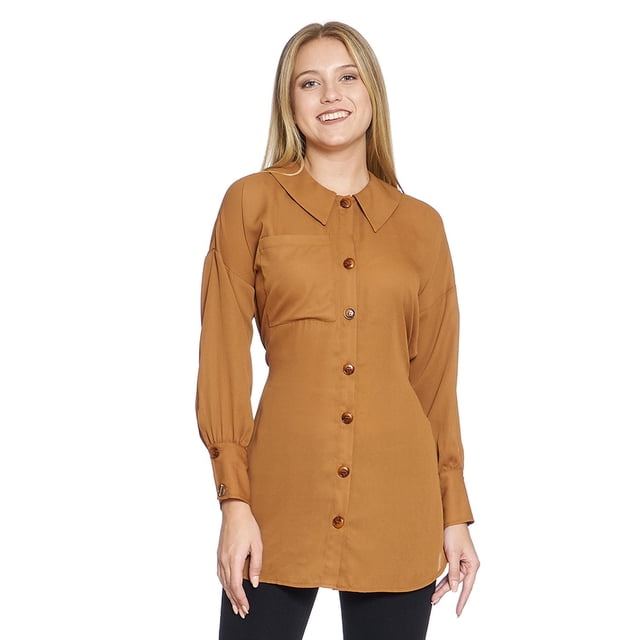 Blusón Largo Mujer Moda Casual Café Manga Larga Con Puño Tipo Camisa Lisa Botones Bolsa Delantera cafe M INCÃGNITA 550413