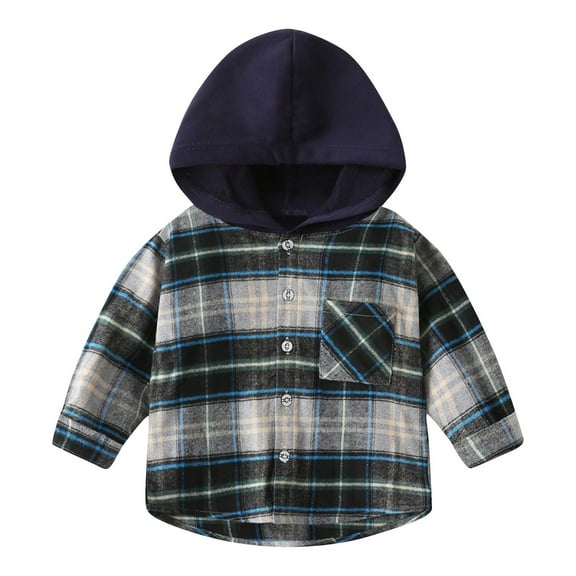 Fesfesfes Boys Hooded Jackets Patchwork Color Plaid Button Shirts Spring and Fall Versatile Long Sleeve Blouses ,Size 3-8 Years