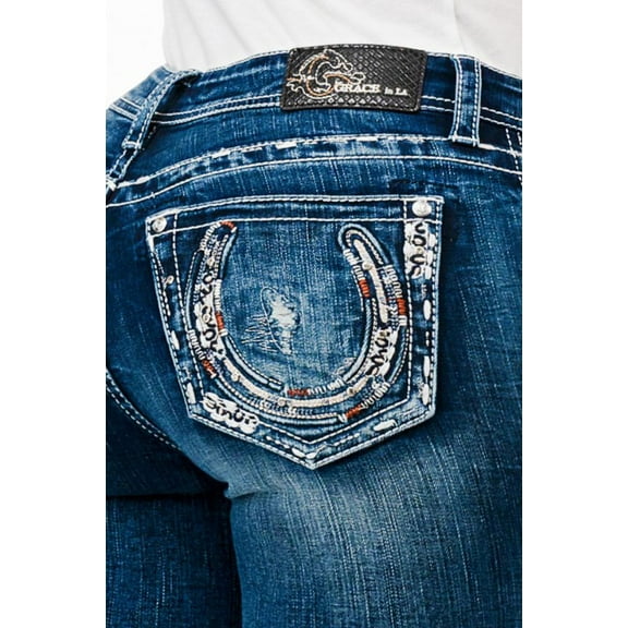 Grace in LA Women's Western Horseshoe Embroidered Stonewashed Bootcut Jeans (25, Blue Stonewashed)