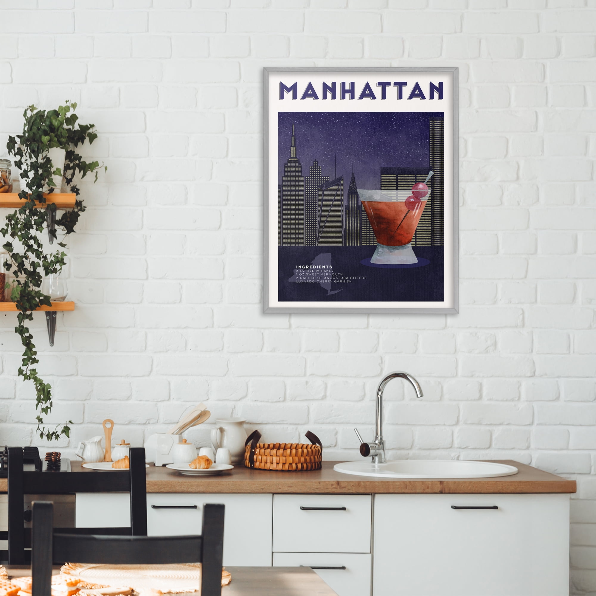 Retro Manhattan Cocktail Cityscape Gray Framed Giclee Art, design by Brett Blumenthal
