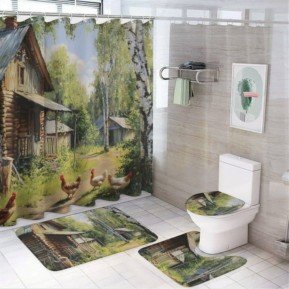 4 Pcs Rooster Farm Shower Curtain Set with Non-Slip Rugs Bathroom Set Bathroom Carpet Bath Mat And Toilet Rugs