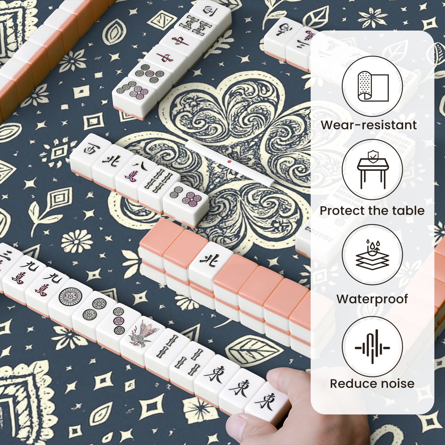 Mahjong Mat 31.5" x 31.5" Floral Geometric Ornate Swirls Leaves Dark Blue Anti-Slip and Noise Reduction Symmetry Design Mahjong Tiles Table Cover for Dominoes Poker Card Board and Tile Games