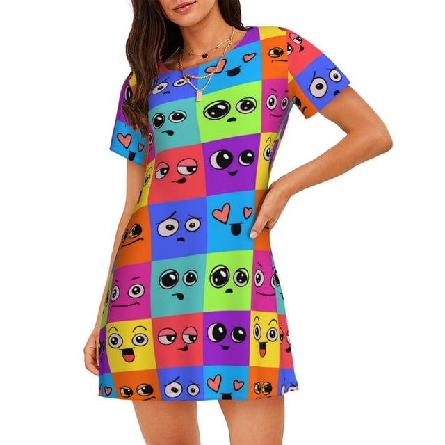 Fotbe Doodle Faces Emotions Bata de Dormir para Mujer con Estampado, Camisón de Algodón de Manga Corta, Ropa de Dormir Casual