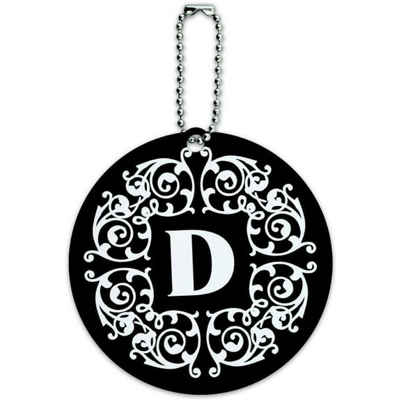 Letter D Initial Black White Scrolls Round Luggage ID Tag Card for Suitcase or Carry-On