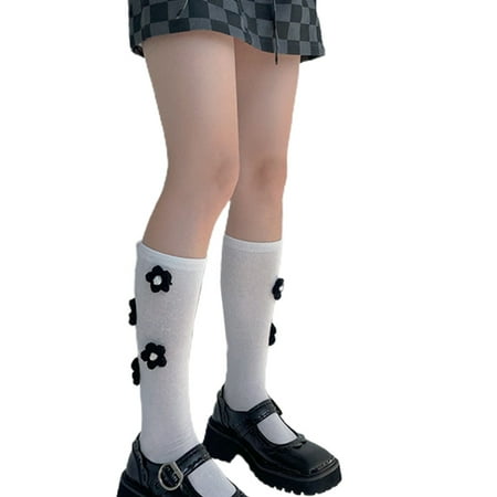 

Japanese Lolita Women Mid Calf Length Socks Harajuku Cute 3D Crochet Faux Wool Flower Black White Kawaii Student Tube Stockings Hosiery