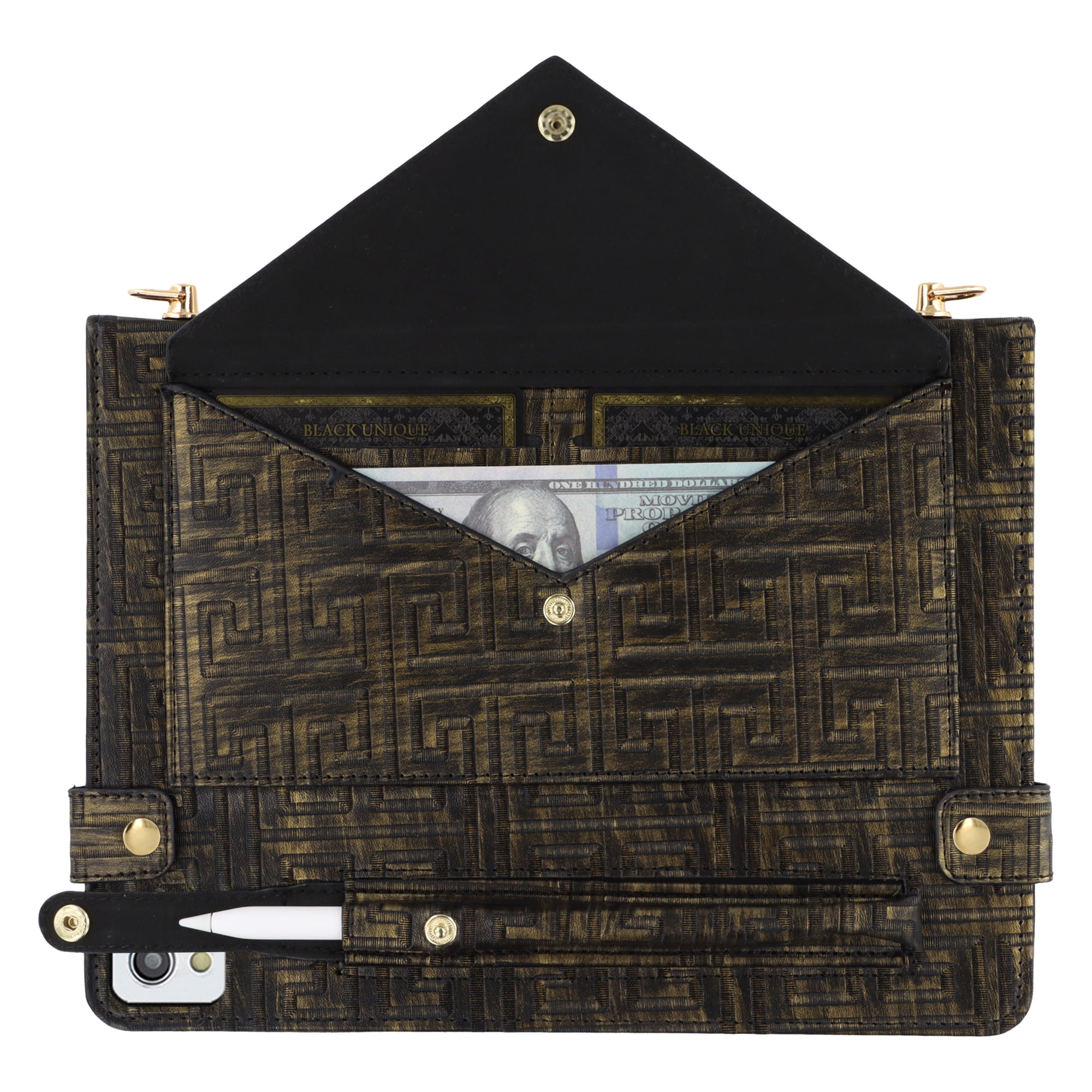 Dteck Handbag Case for iPad Air 11 inch 2024,Magnetic Leather Elegant Crossbody Folio Stand Wallet Case with Pencil Holder, Card Slots, Hand Strap, Shoulder Strap ,Black/Gold