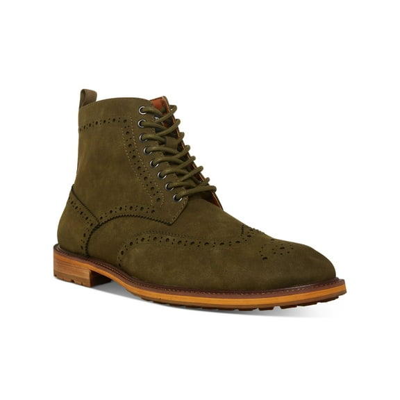 MADDEN Mens Olive Green Brogue Detailing Lace-Up Front Heel Pull-Tab Padded Remppr Wingtip Toe Block Heel Zip-Up Boots Shoes 8