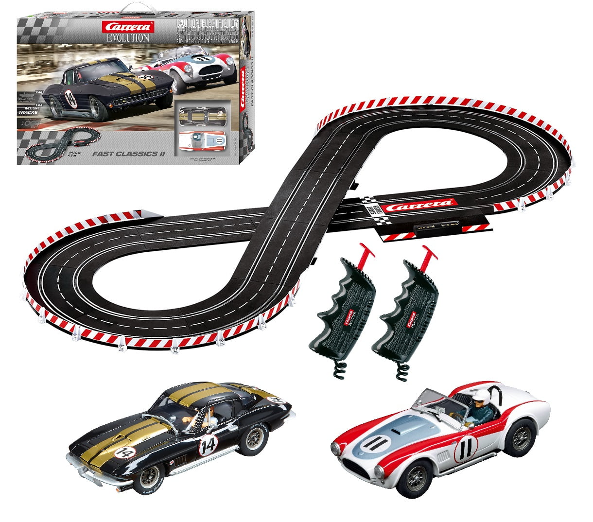 Carrera Evolution 25215 Fast Classics II Electric Analog Slot Car Race Track  Set featuring 1:32 Scale Vehicles - Shelby Cobra versus Chevrolet Corvette  Sting Ray 