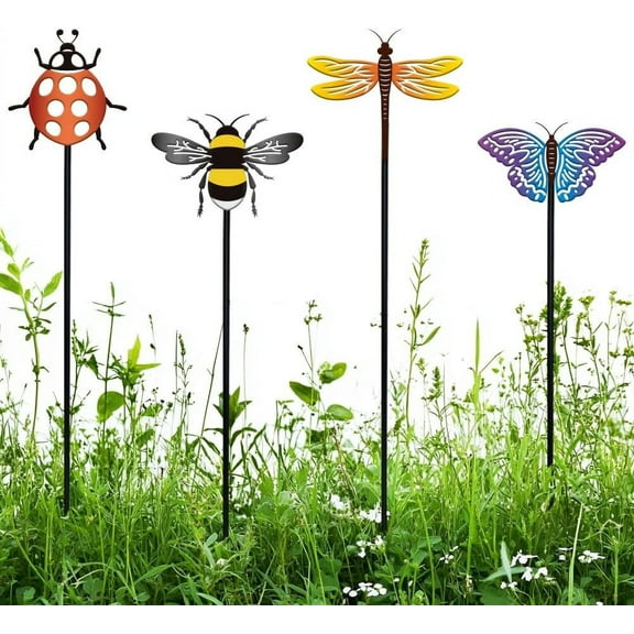 4 Pcs Insects Garden Stakes Decor Ladybug/Bee/Dragonfly/Butterfly Stakes Ornaments Metal Lawn Ornaments Stakes Patio Plant Pot Home Decor 60cm