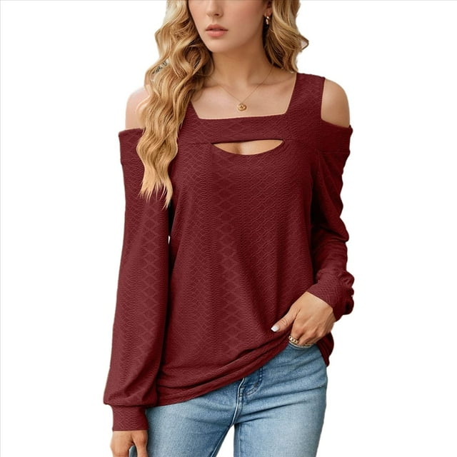 Blusa de Verano con Escote Cuadrado y Hombros Descubiertos para Mujer, Color Rojo Vino XXL