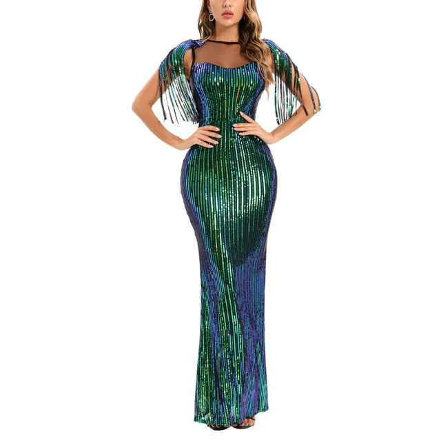 Qiopertar Robe de Mode pour Femmes à Paillettes Col en V avec Franges Manches Longues Jupe Longue de Soirée Robe Formelle en Solde Livraison Gratuite jusqu'à 90 % de Réduction