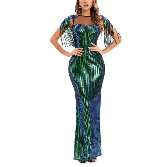 RYDCOT Prom Dresses for Women 2023 Elegant Sequins V-Neck Tassels Sleeve Dress Sparkly Glitter Party Club Long Skirt Wrap Evening formal Dress Sale