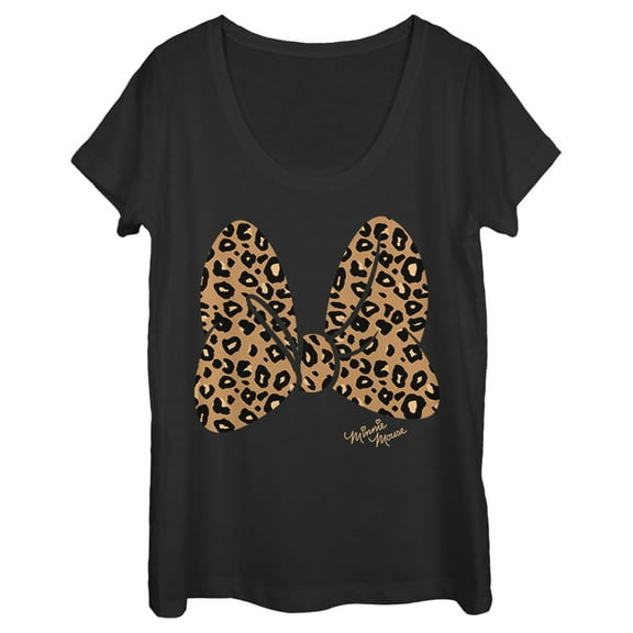 Women's Mickey & Friends Mickey & Minnie Mouse Cheetah Print Bow Signature Scoop Neck Black X Large