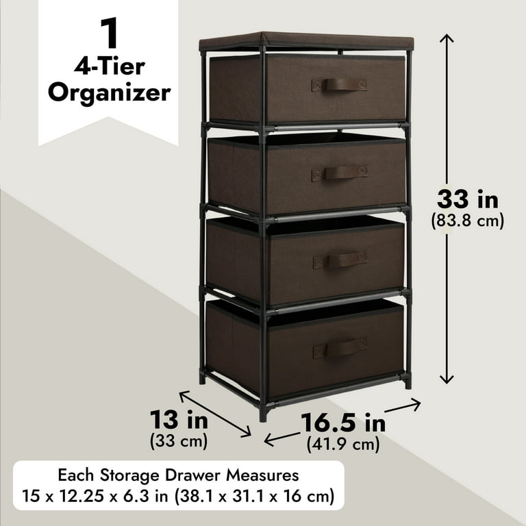 Juvale 4 Tier Drawer Clothes Organizer, Fabric Storage Dresser for Clothing, Linens, Closet Organization (Dark Brown, 16.5 x 13 x 33 in)