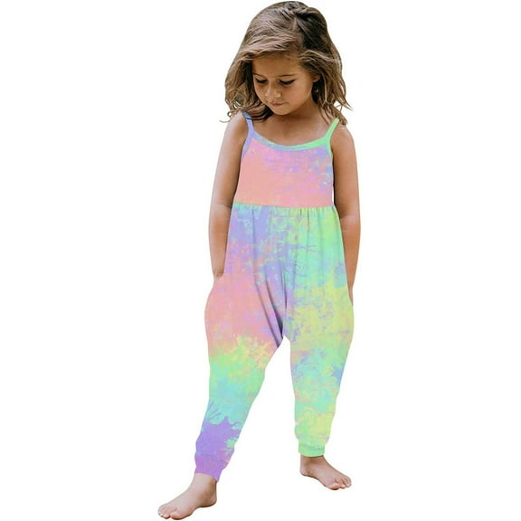 Odeerbi 1-6 Years Toddler Girls Summer Jumpsuit Tie-Dye Camisole Romper Casual Breathable Comfortable Overalls Strap Bib Overall Pants Playsuit