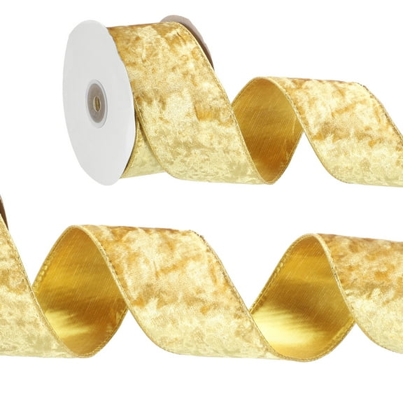 Uxcell Velvet Wired Ribbon, Gold Crushed Ribbons for Gift Wrapping and Crafts Yellow 2.5 in