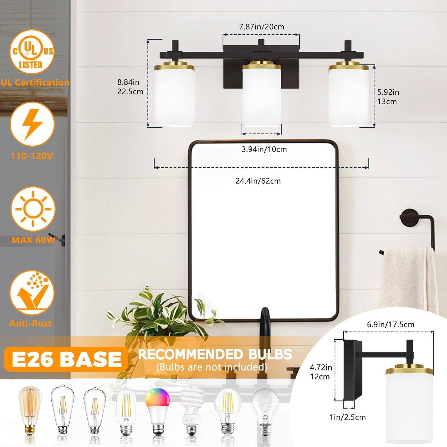 Bathroom Light Fixtures, 3-Light Coastal Vanity Lights with Milky White Frosted Glass Shade, Black Bathroom Wall Lamp for Mirror Kitchen Hallway Cabinet