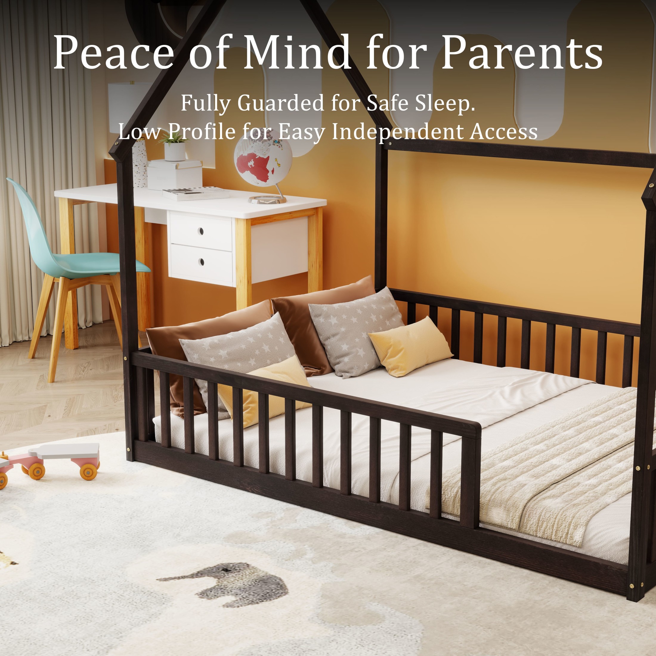 Noble House Morde Full Size House Floor Bed with Gable Roof Frame & Safety Guardrails, Pine Wooden Bed Frame, Espresso