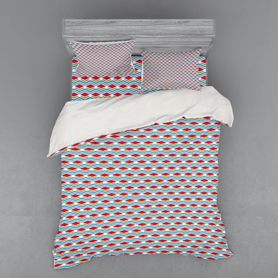 Abstract Duvet Cover Set, Horizontally Arranged Zigzags and Rhombus, Bedding Set with Shams and Fitted Sheet, 3 Sizes, by Ambesonne