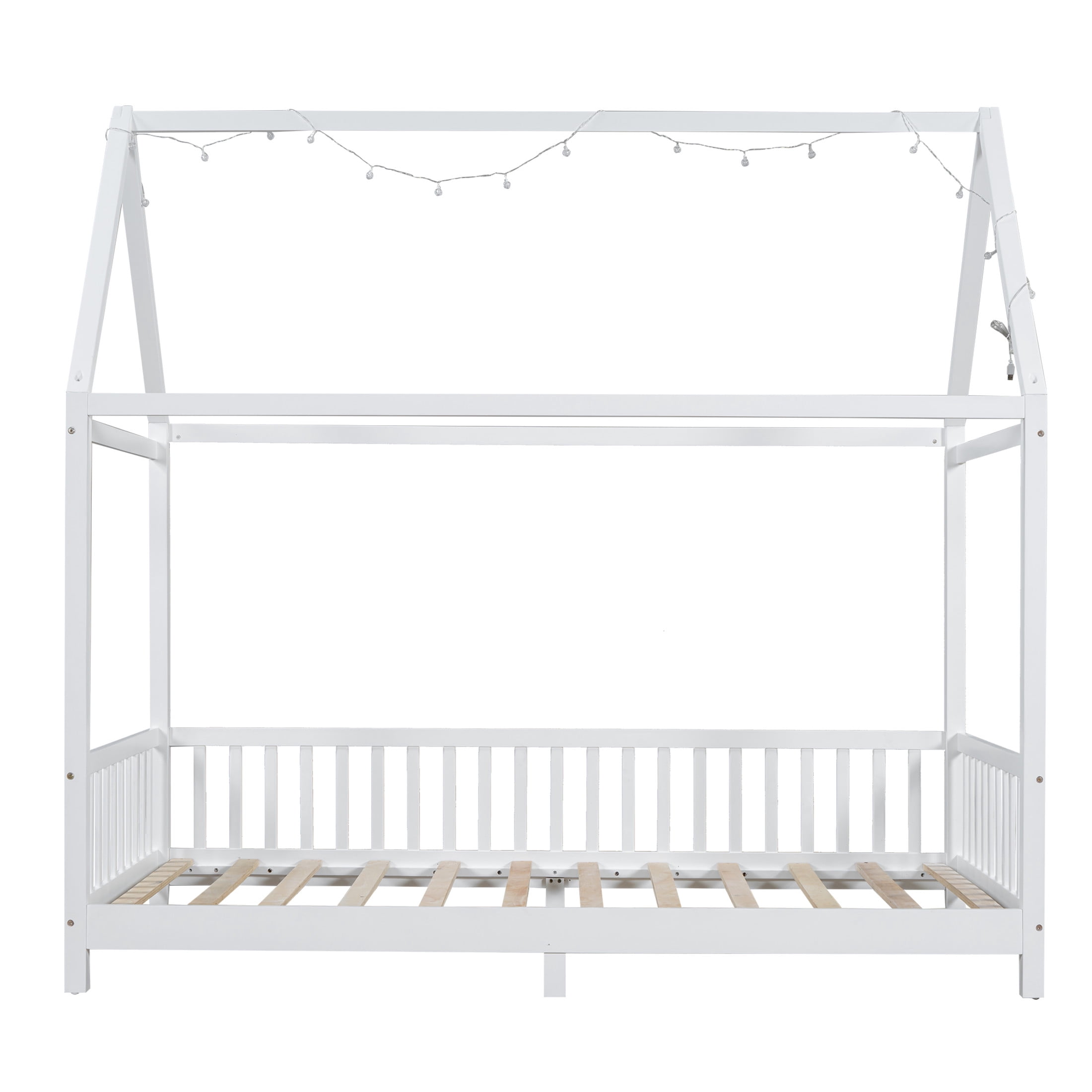 Noble House Auburn Twin Size Wood House Bed with Integrated Guardrail and LED Lights, Sturdy 4-Poster Play Bed, White