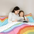 thumbnail image 4 of Homewish Blue Square Buffalo Twin Bedding Sets 7-Piece for Kids, Kawaii Rainbow Line Bedding Comforter Set, Cute Cartoon Checkered Reversible Sheet Sets, Lightweight Room Decor, 4 of 7